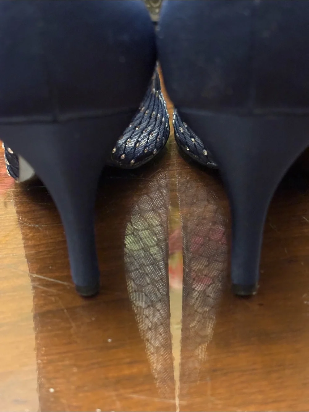 Nina Navy Peep-Toe Heels with Bow and Studded Mesh 6.5 M